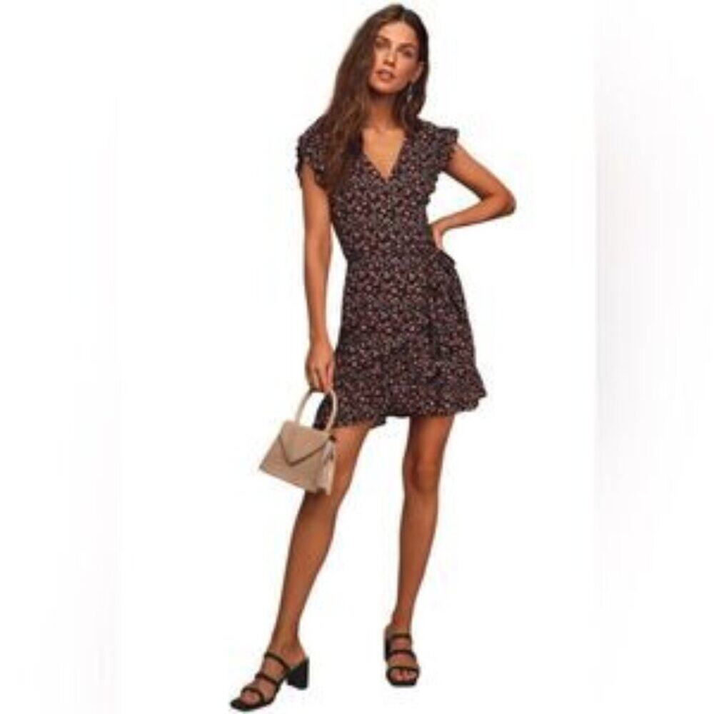 Lulu's Black Floral Wrap Mini Dress